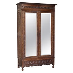 Carved Dutch Antique circa 1880 Armoire Folded Lined Wardrobe Mirrored Doors