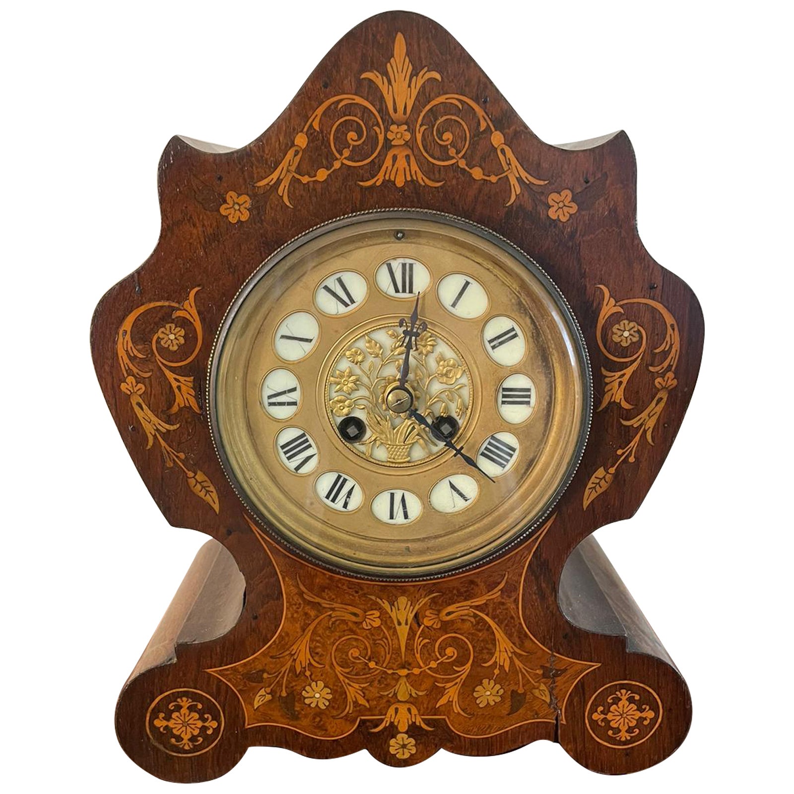 Antique 19th Century French Rosewood Marquetry Inlaid Eight Day Mantel Clock For Sale