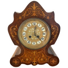 Antique 19th Century French Rosewood Marquetry Inlaid Eight Day Mantel Clock