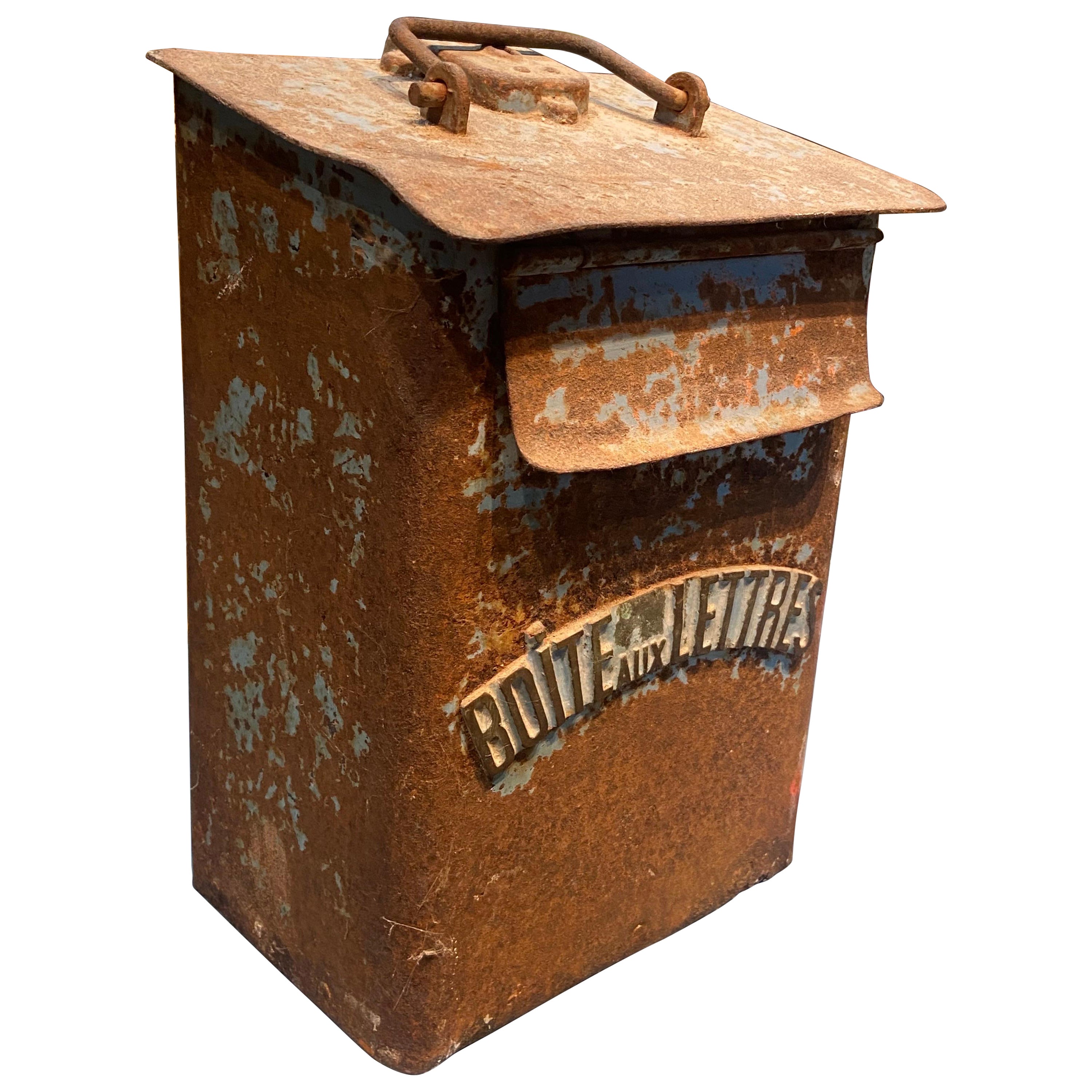 20th Century French Rusty Metal Blue Post Box For Sale
