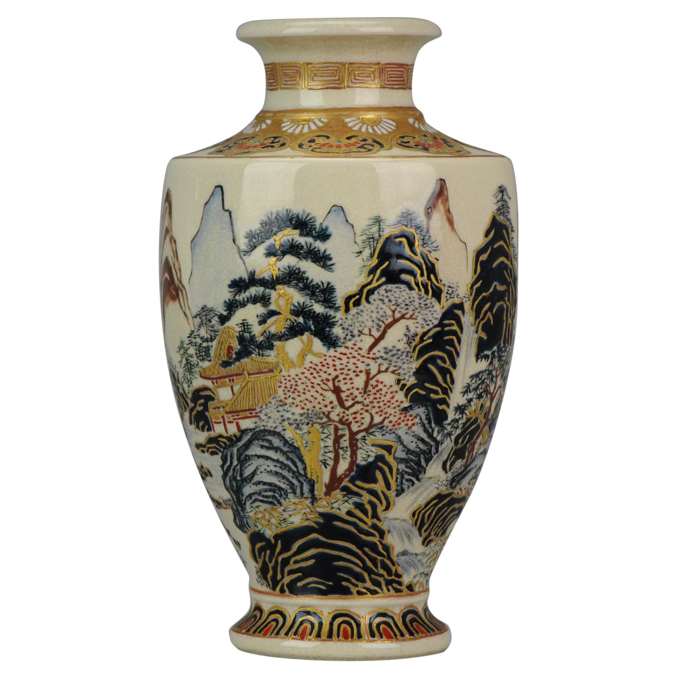 Antique ca 1900 Japanese Satsuma Gessan vase Japan Mountains Ruyi Ceramics For Sale