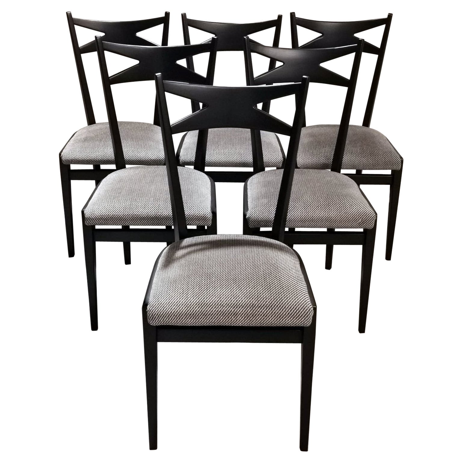 Ico Parisi Style Set 6 Chairs Ebonized Wood and Original Velvet Seat For Sale