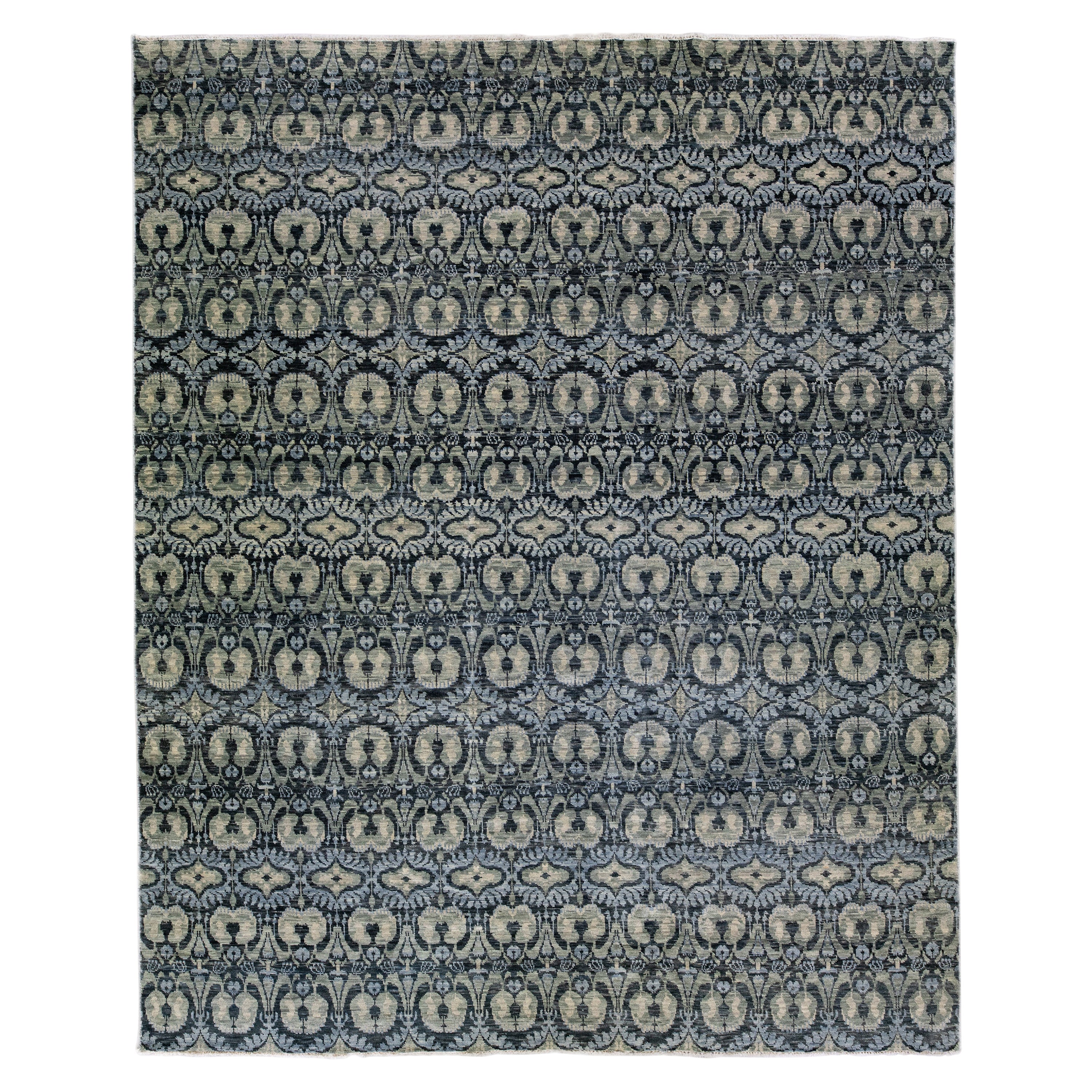 Modern Ikat Handmade Oversize Blue Wool Rug with Allover Design For Sale