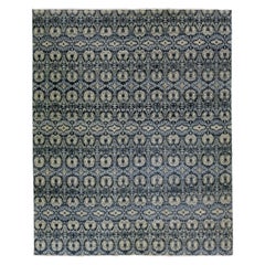 Modern Ikat Handmade Oversize Blue Wool Rug with Allover Design