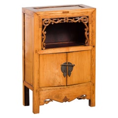 Antique 19th Century Qing Dynasty Small Cabinet with Carved Shelf and Apron