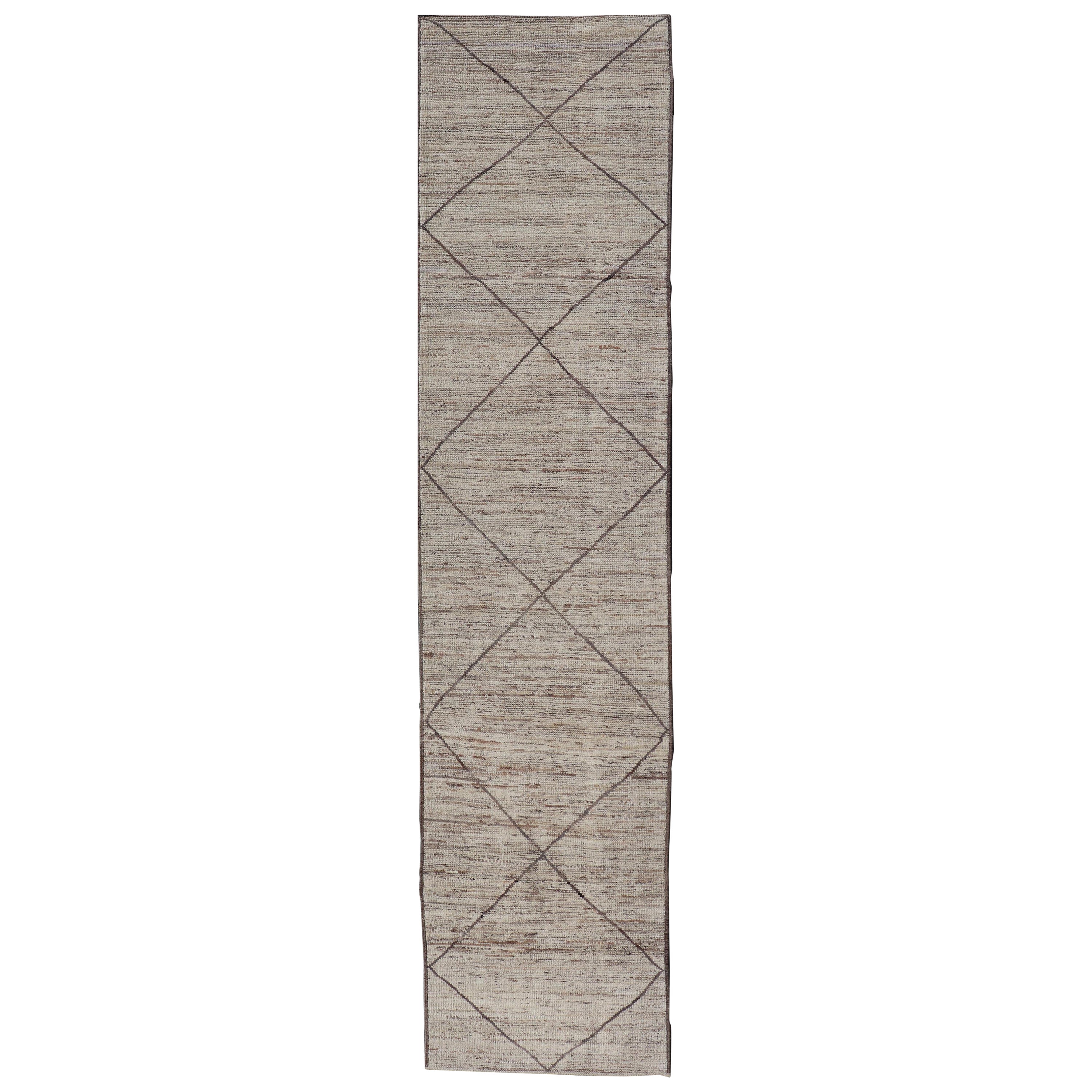 Modern Hand-Knotted Moroccan Runner in Wool with Diamond Design in Earthy Tones