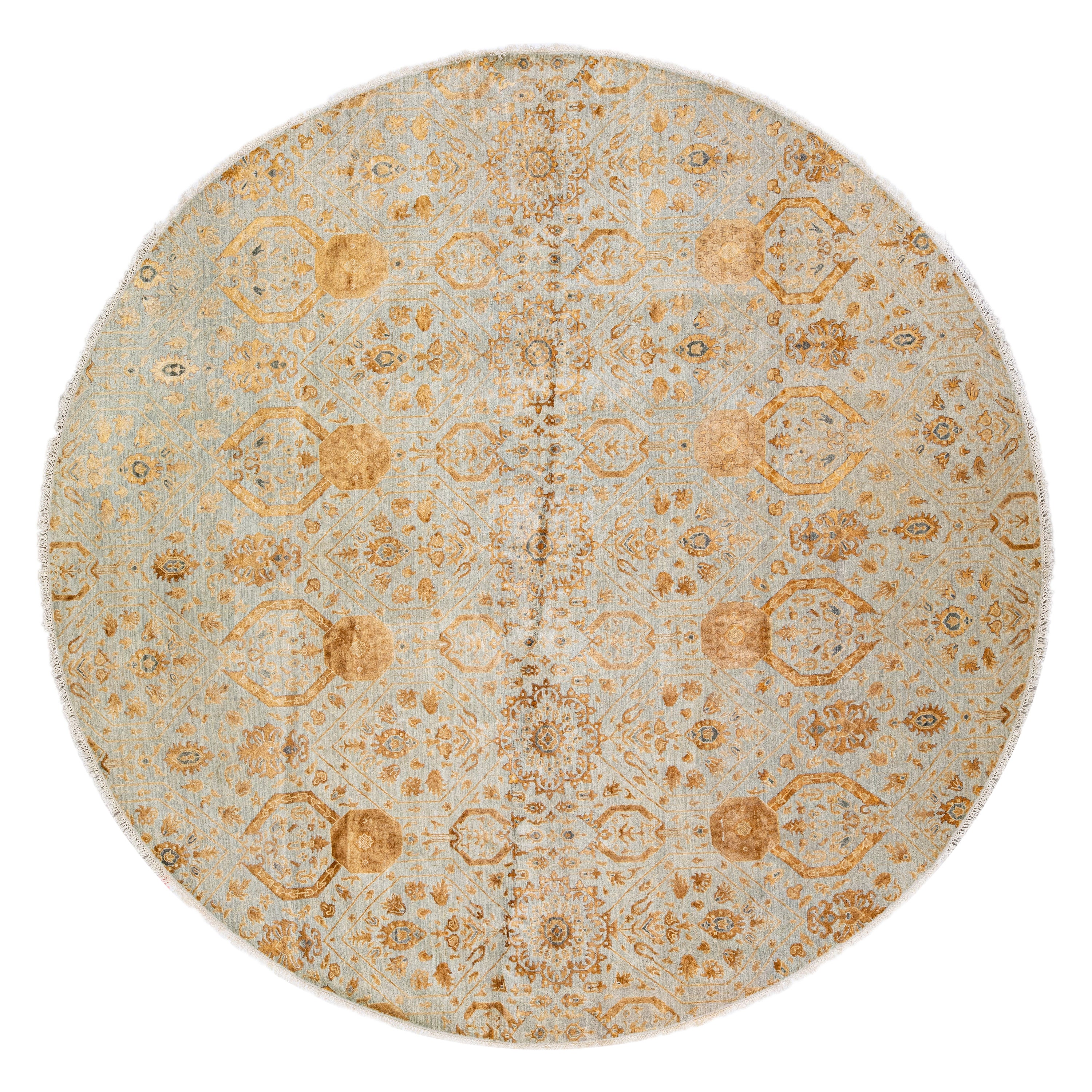 Gray Modern Indian Handmade Floral Wool and Silk Round Rug For Sale
