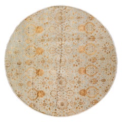 Graugrauer moderner indischer handgefertigter runder Teppich aus Wolle und Seide mit Blumenmuster