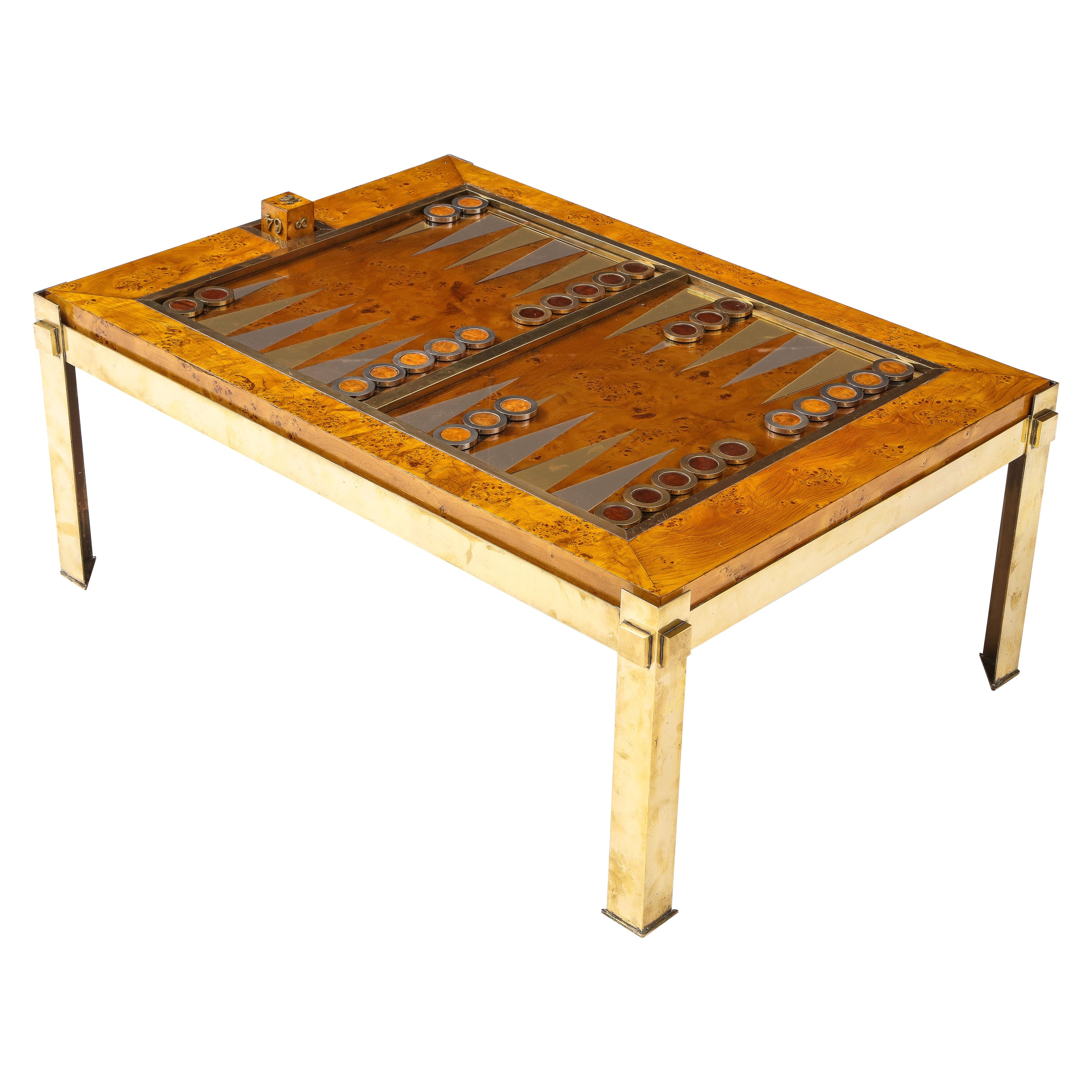 Tommaso Barbi Brass and Burl Wood Backgammon Coffee Table, Italy 1960's