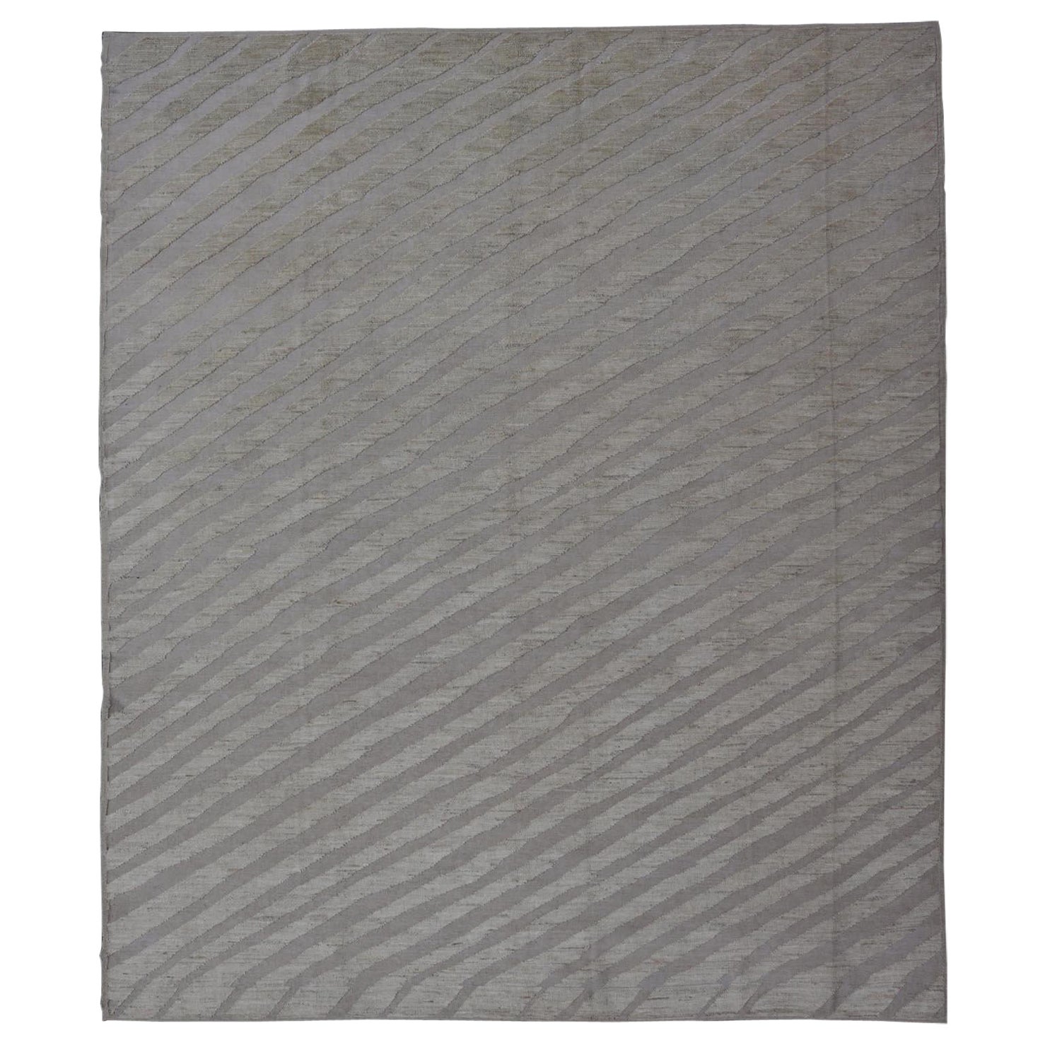 Modern Rug in Wool with Sub-Geometric Slanted Linear Design in Cream and Taupe For Sale