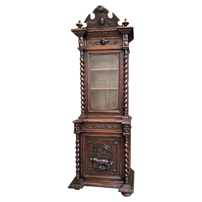 19th century French Carved Oak Bookcase Hunt Cabinet Barley Twist Black Forest