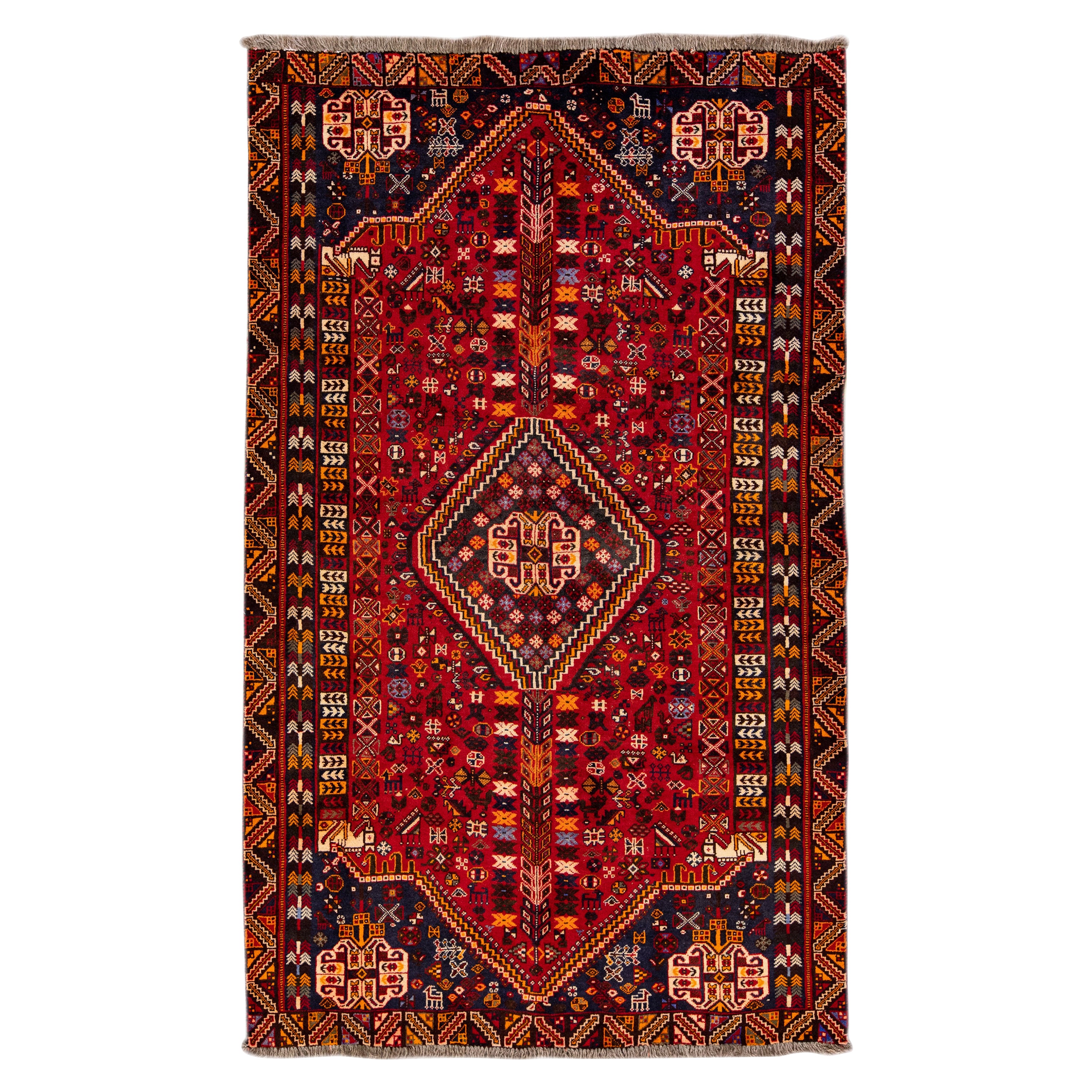 Vintage Afshar Handmade Allover Motif Red Wool Rug