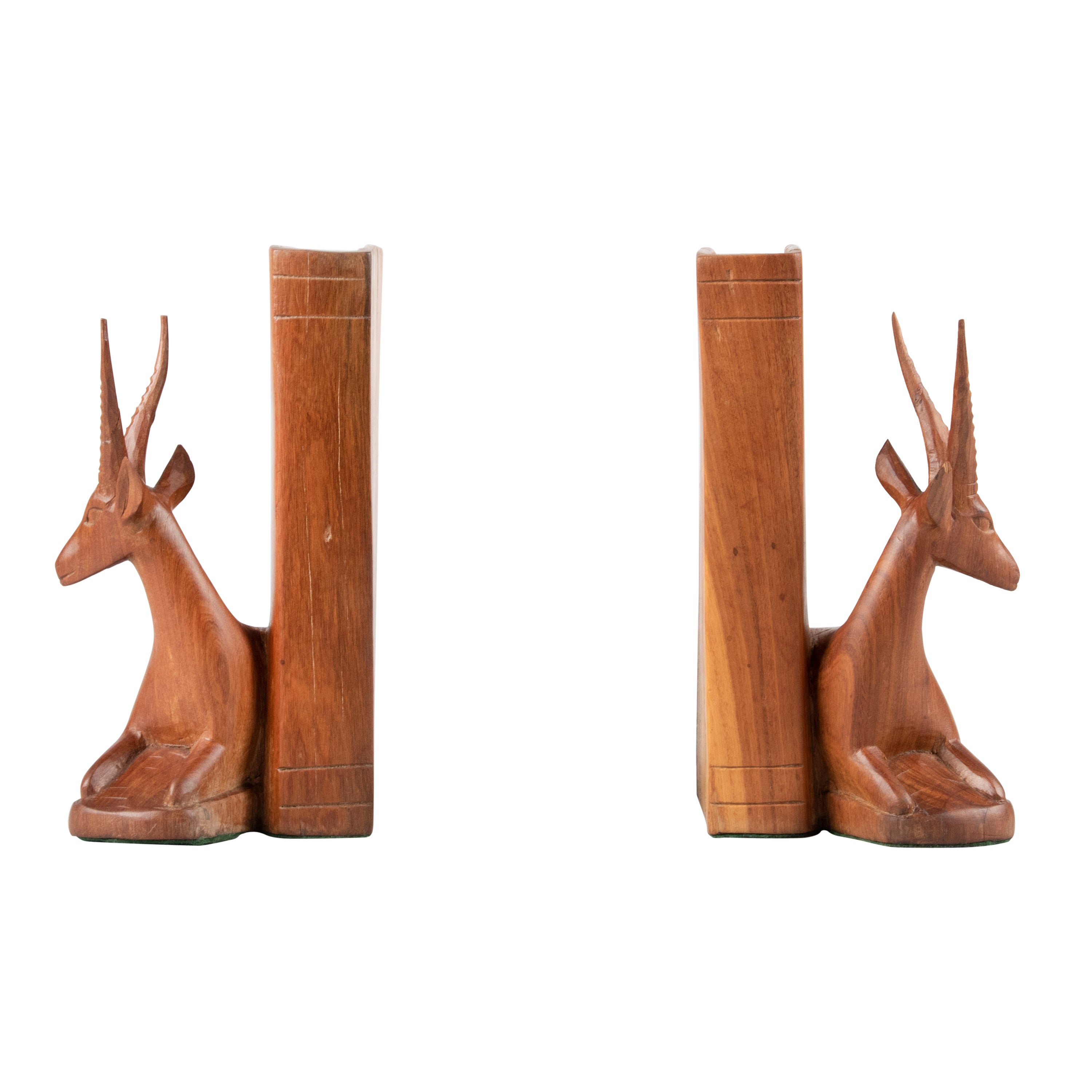 Pair of Teak Wood Carved Mid Century Bookends with Deers