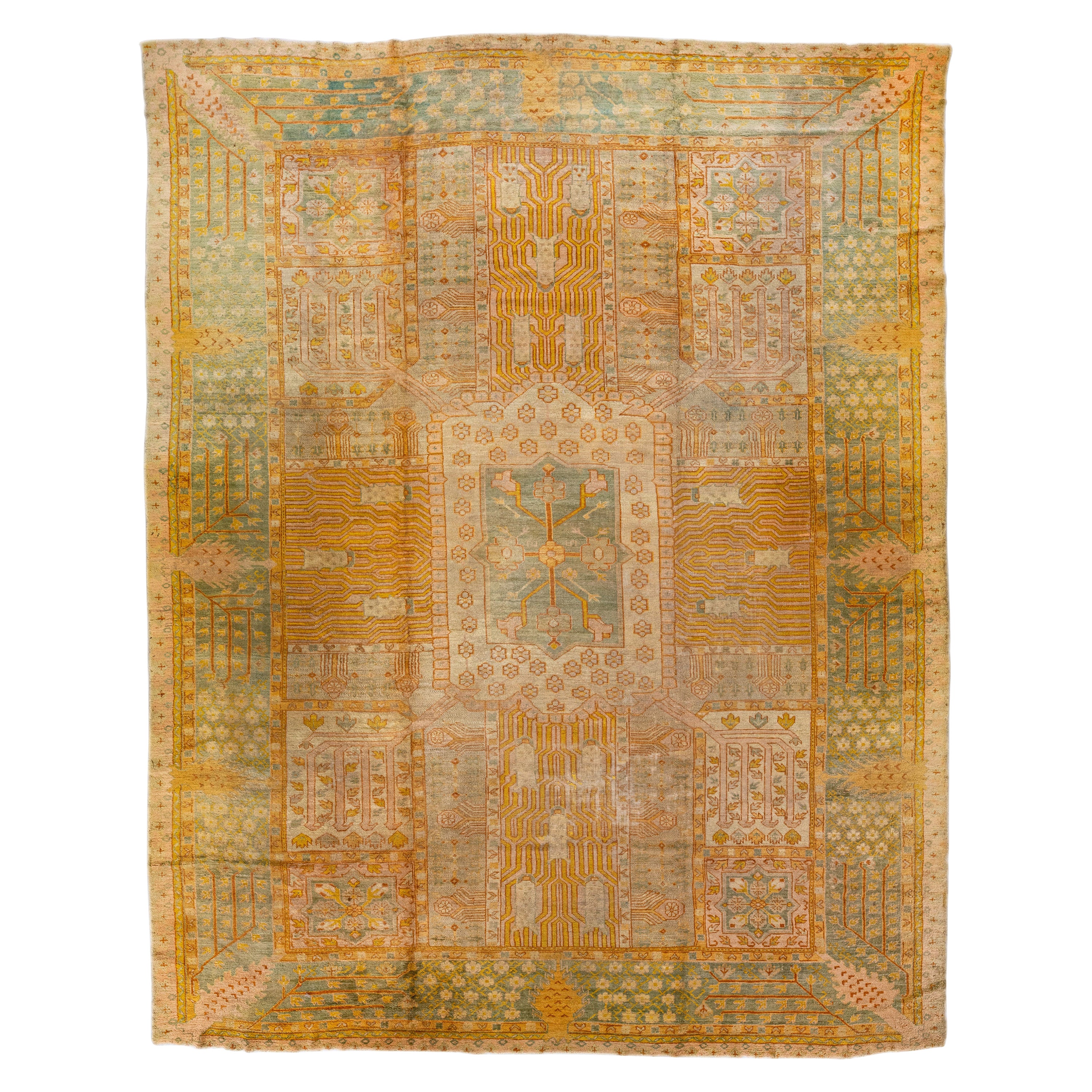 Antique Turkish Oushak Handmade Tan Wool Rug with Allover Designed For Sale