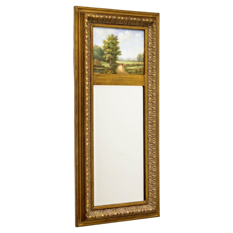 Mid 20th Century French Trumeau Bevelled Wall Mirror with Original Oil