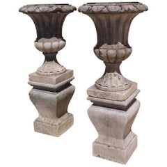Pair of Carved Italian Limestone Vases on Pedestals, Circa 1960s