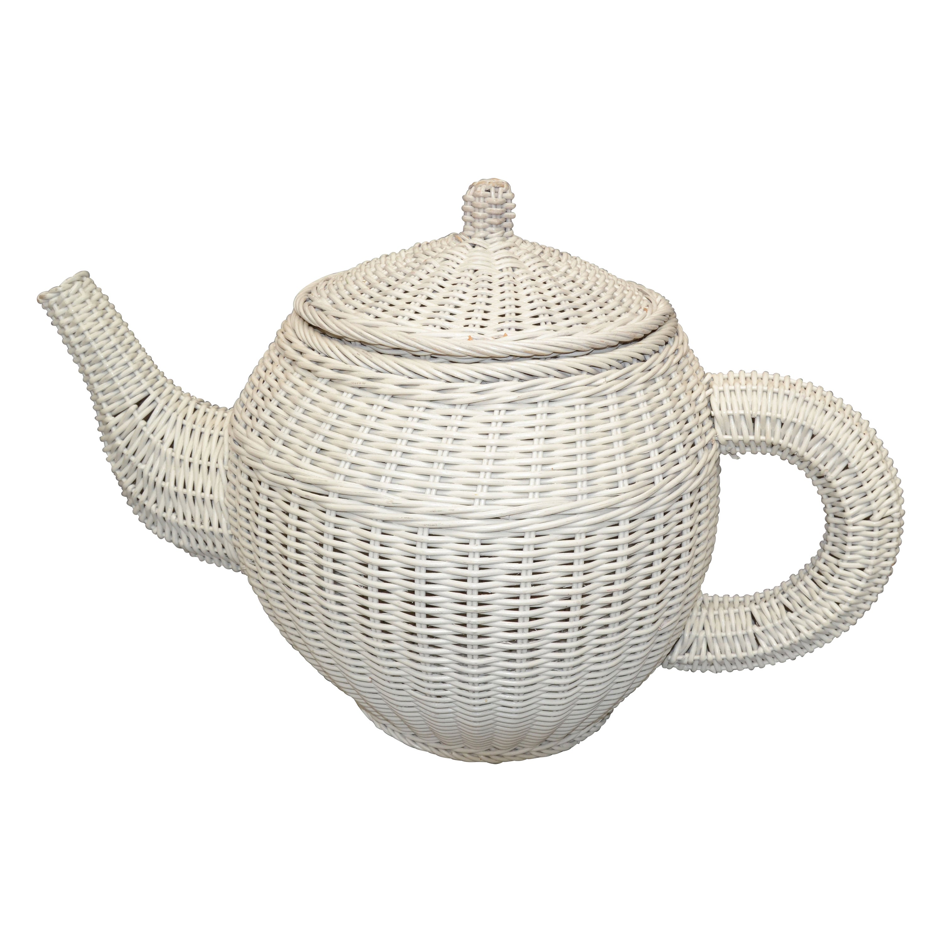 Mid-Century Modern Sculptural Handmade White Finished Wicker & Rattan Coffee Pot For Sale