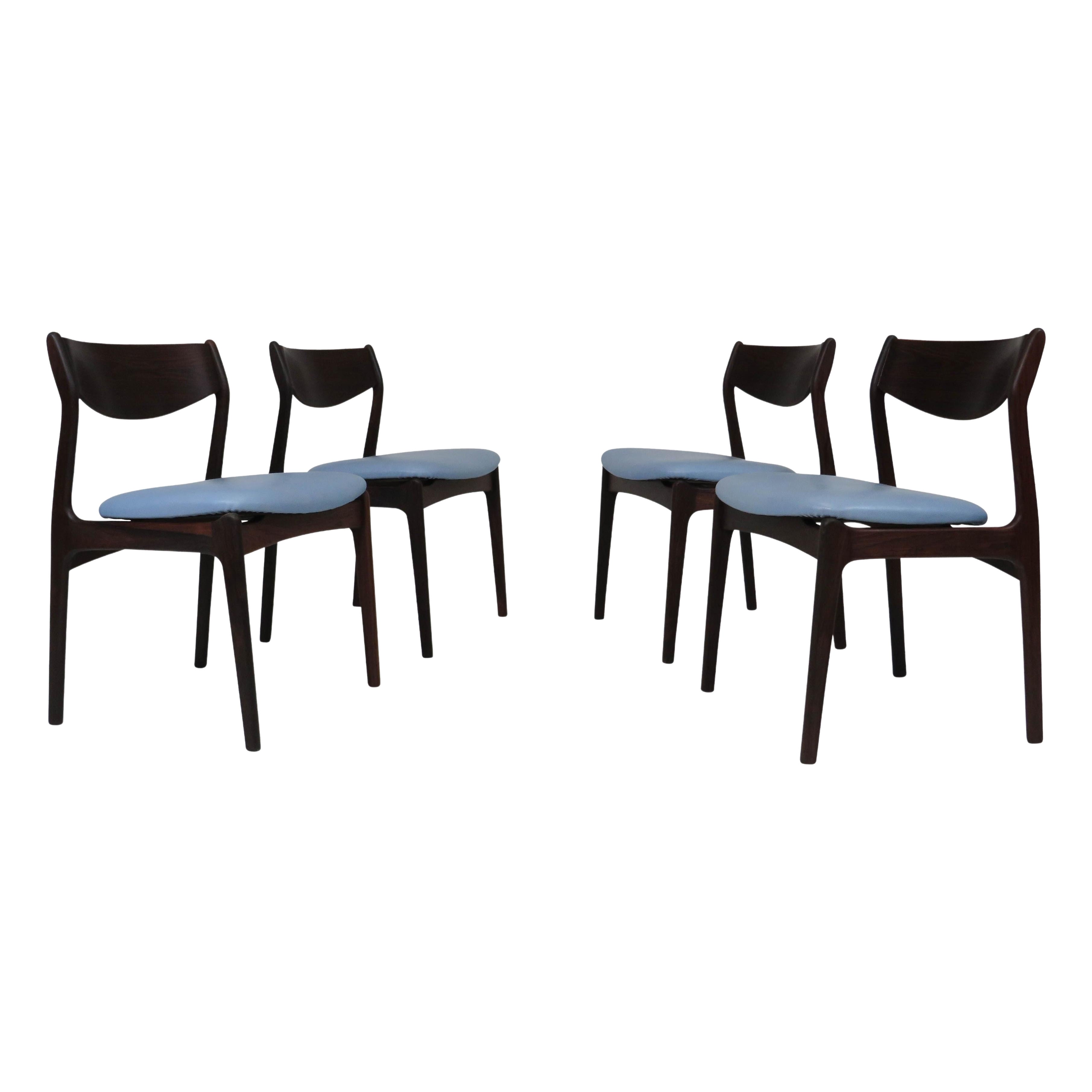 Four PE Jorgensen Danish Rosewood Dining Chairs in Sky Blue Leather