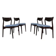 Four PE Jorgensen Danish Rosewood Dining Chairs in Sky Blue Leather