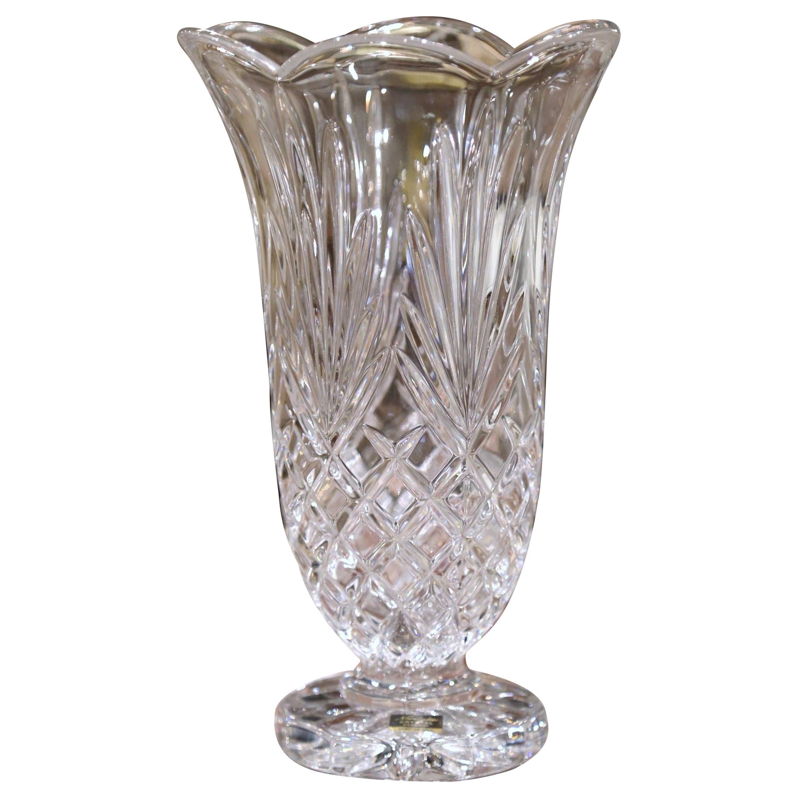 Mid-Century German Crystal Noritake Vase with Etched Geometric and Leaf Motifs For Sale