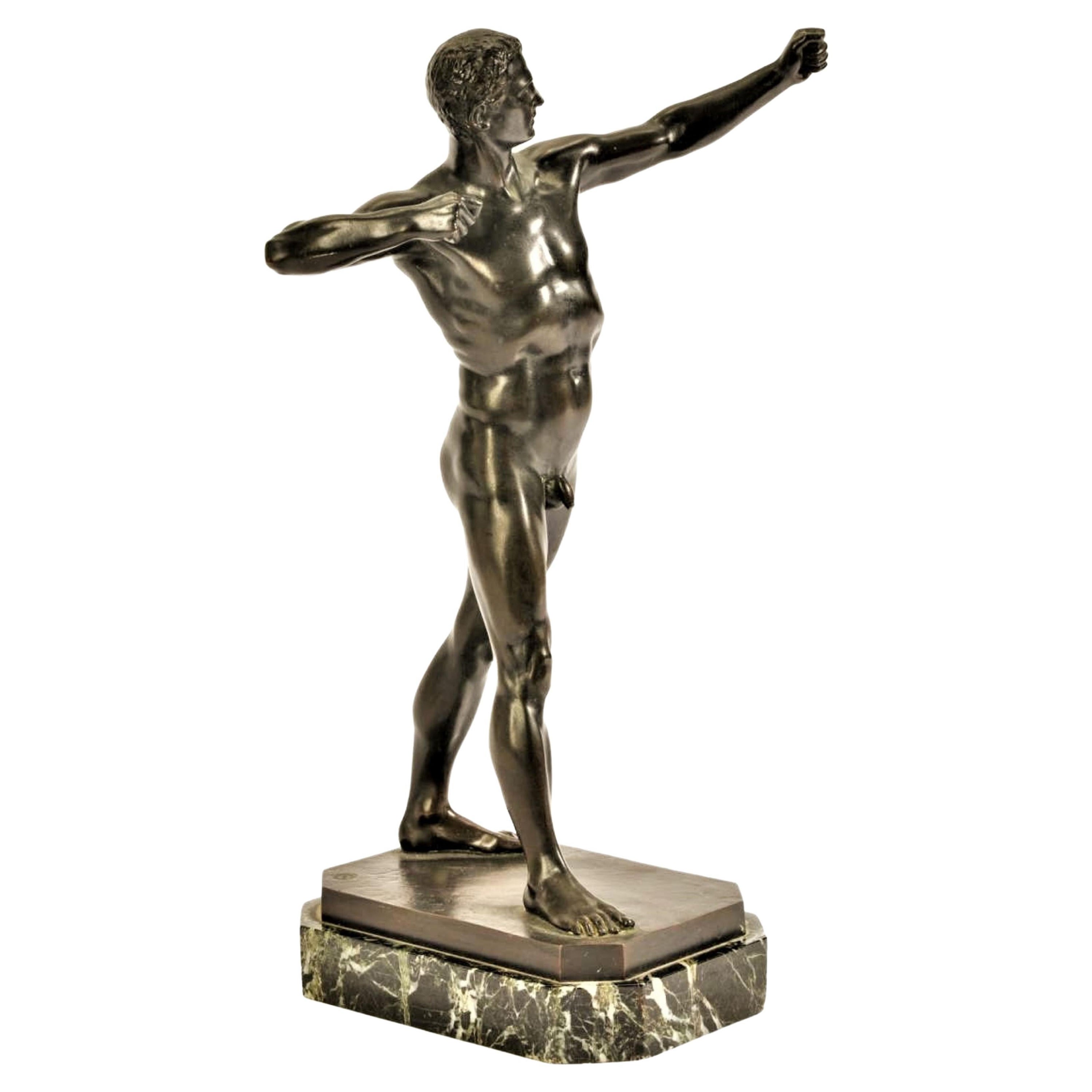 Model Nude Archer Mounted Sculpture Bust Bronze Stone Base Art Deco Antiques CA For Sale
