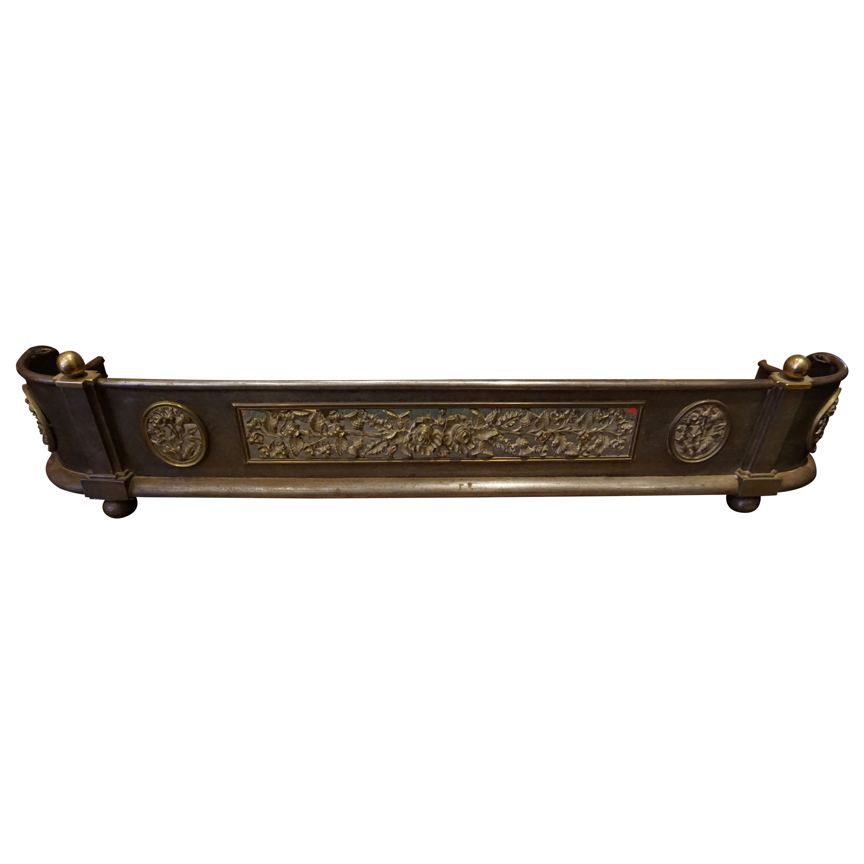 Solid Brass & Metal Victorian Fireplace Fender Surround with Floral Encasements For Sale
