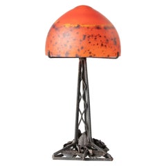 1930's Art Deco Table Lamp with Forged Iron Foot and Colorful Paste Glass Top