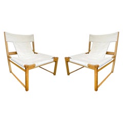 Pair of Wood Construction and Bouclé Fabric Slipper Chairs, Italy, 1970s