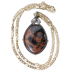 Vintage 14K Gold & Orange Black Obsidian Stone Amulet Pendant Necklace