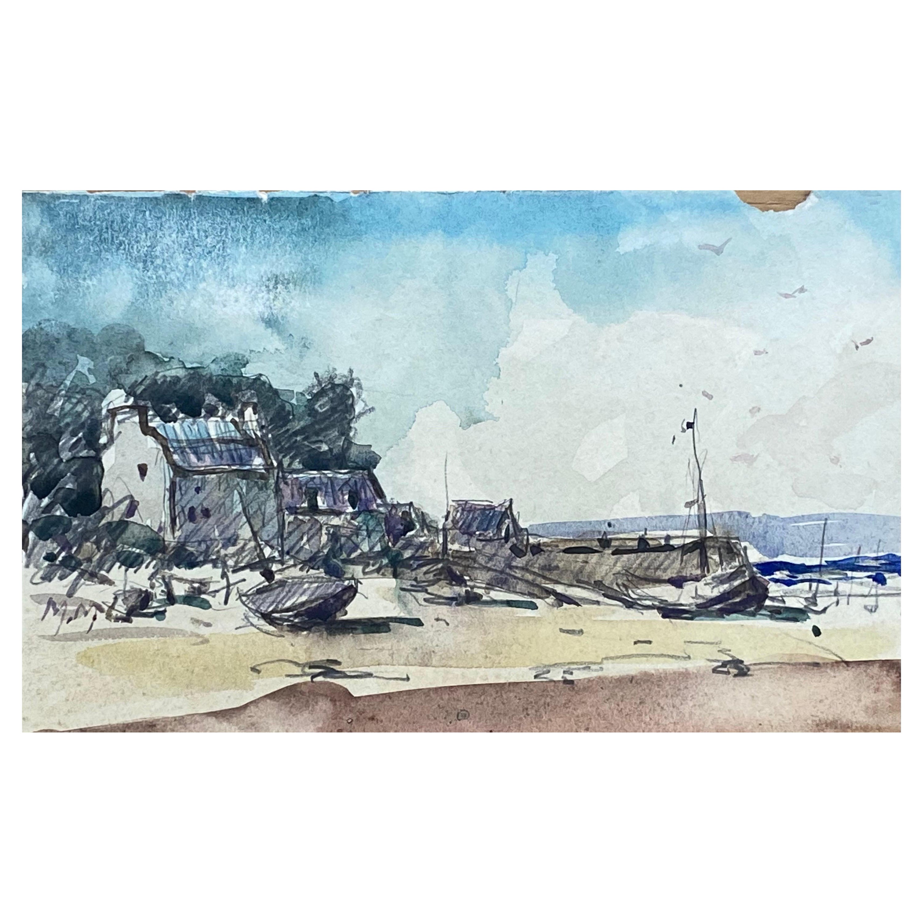 Aquarelle impressionniste française Maurice Mazeilie, paysage de plage