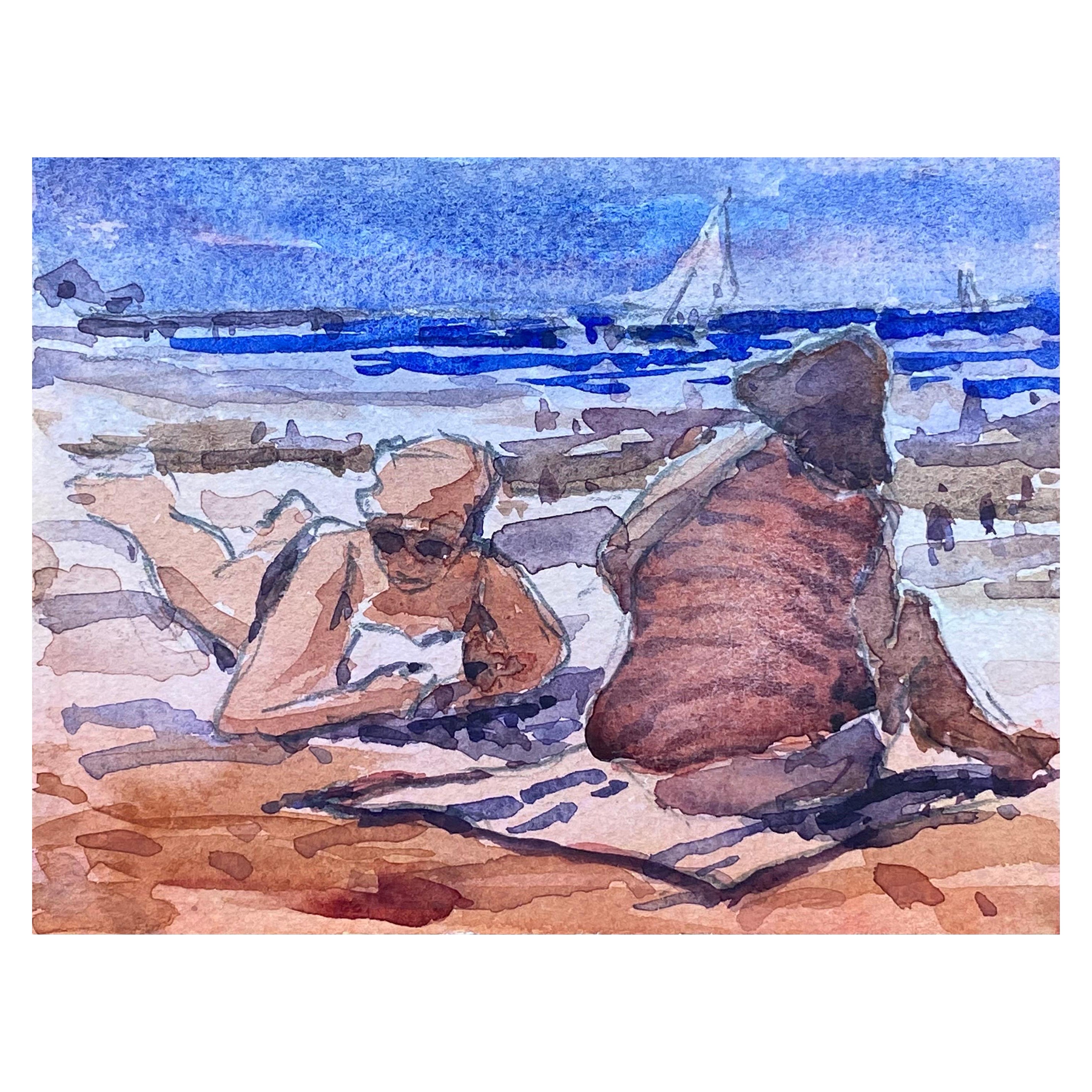 Maurice Mazeilie, aquarelle impressionniste française - Deux personnages à la plage