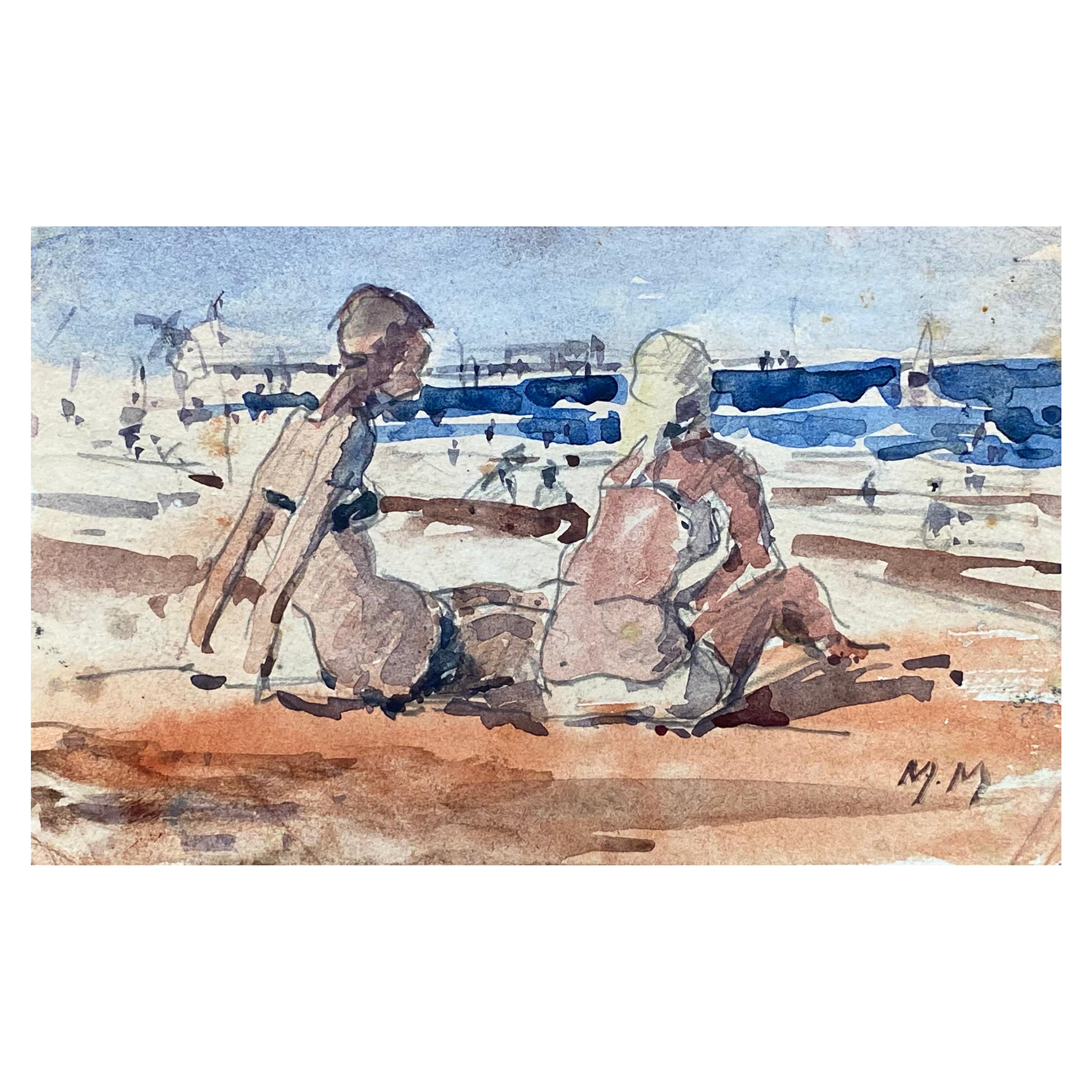 Maurice Mazeilie, French Impressionist Watercolour, Sunbathing Woman