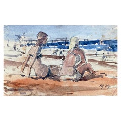 Vintage Maurice Mazeilie, French Impressionist Watercolour, Sunbathing Woman