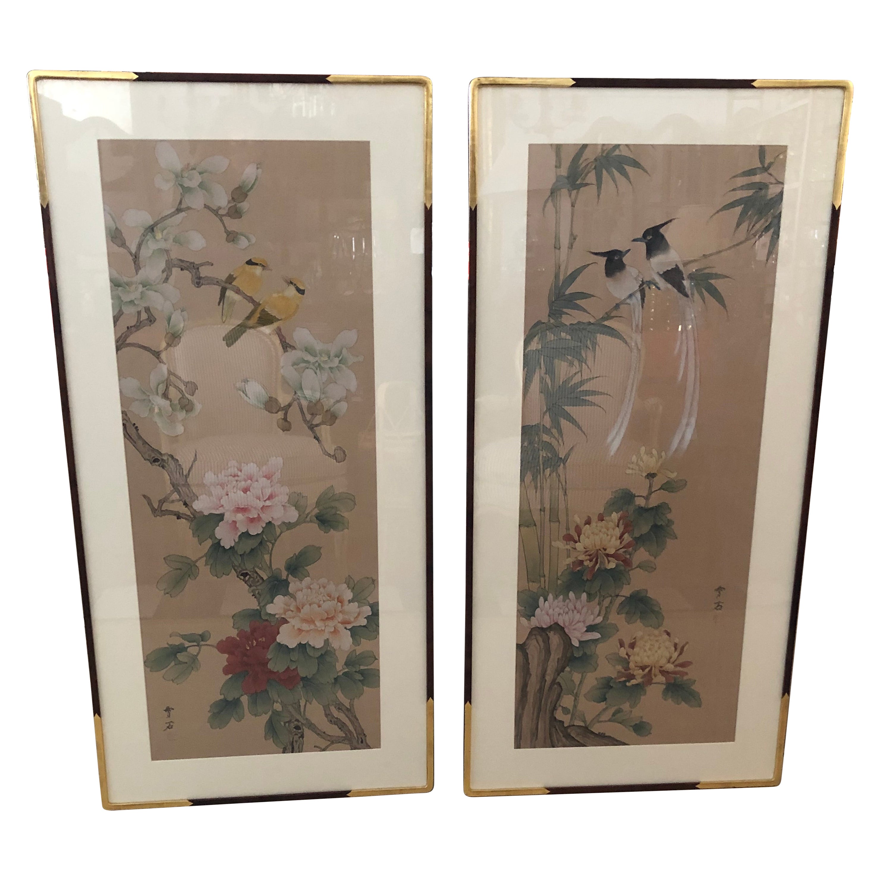 Lovely Large Pair of Chinese Watercolor Panels with Birds