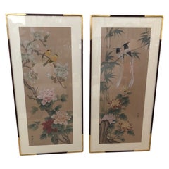 Lovely Large Pair of Chinese Watercolor Panels with Birds