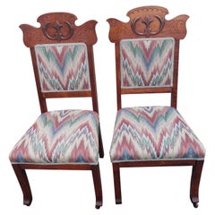 Edwardian Eastlake Carved Mahogany Upholstered Chairs, circa 1920s, a Pair 