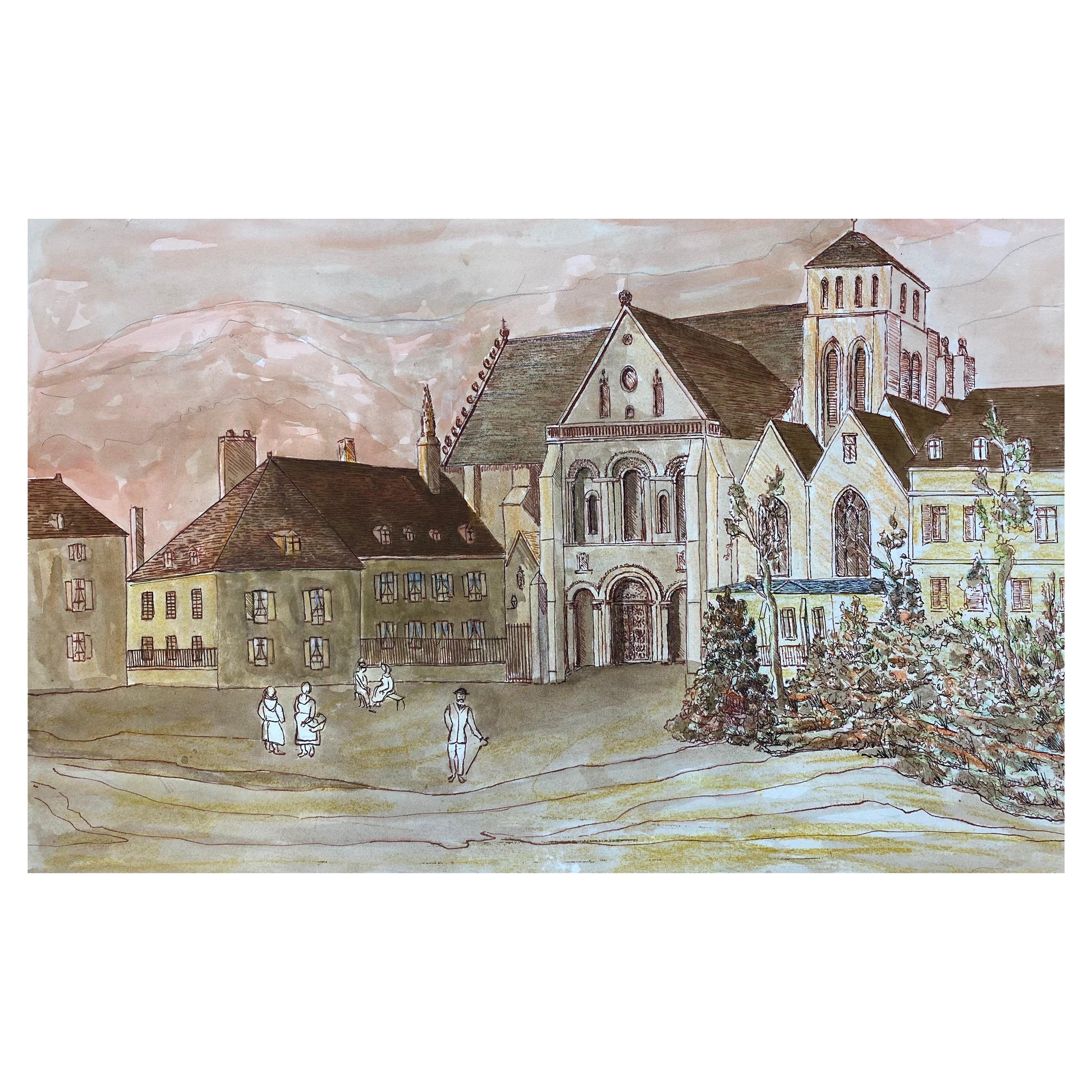 1950's French Modernist/ Cubist Drawing - Landscape Of Church In French Town For Sale