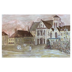 1950's French Modernist/ Cubist Drawing - Landscape Of Church In French Town