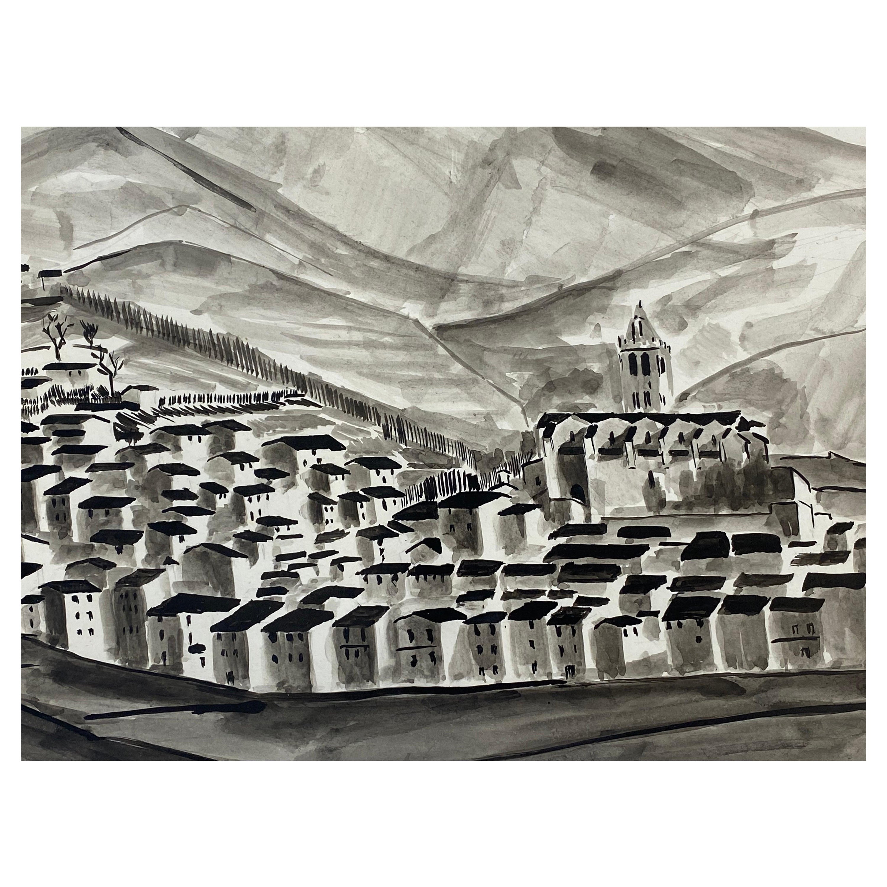 Peinture moderniste/cubiste française des années 1950 signée, paysage de village en noir et blanc