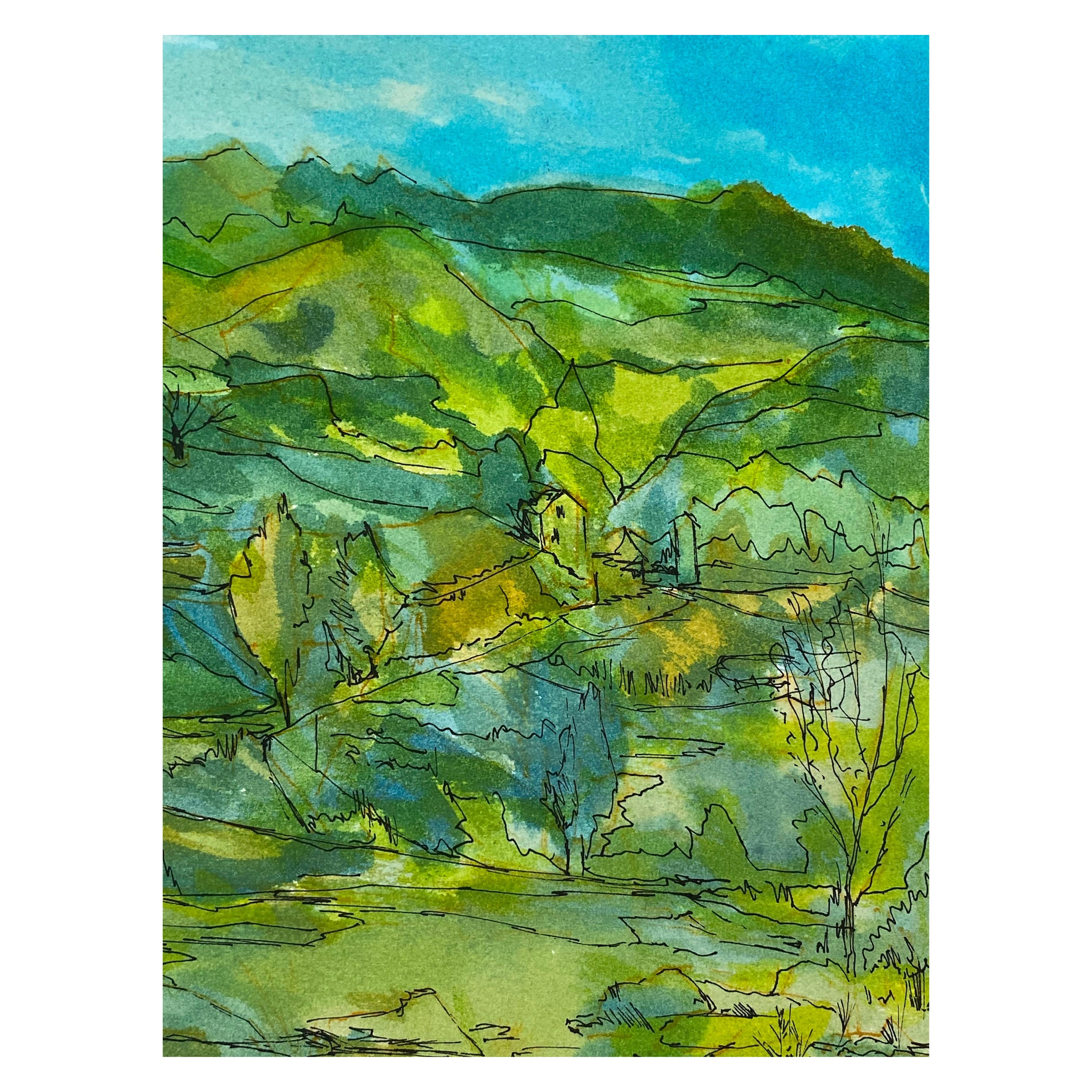Peinture signée moderniste/ cubiste française des années 1950, paysage vert et bleu
