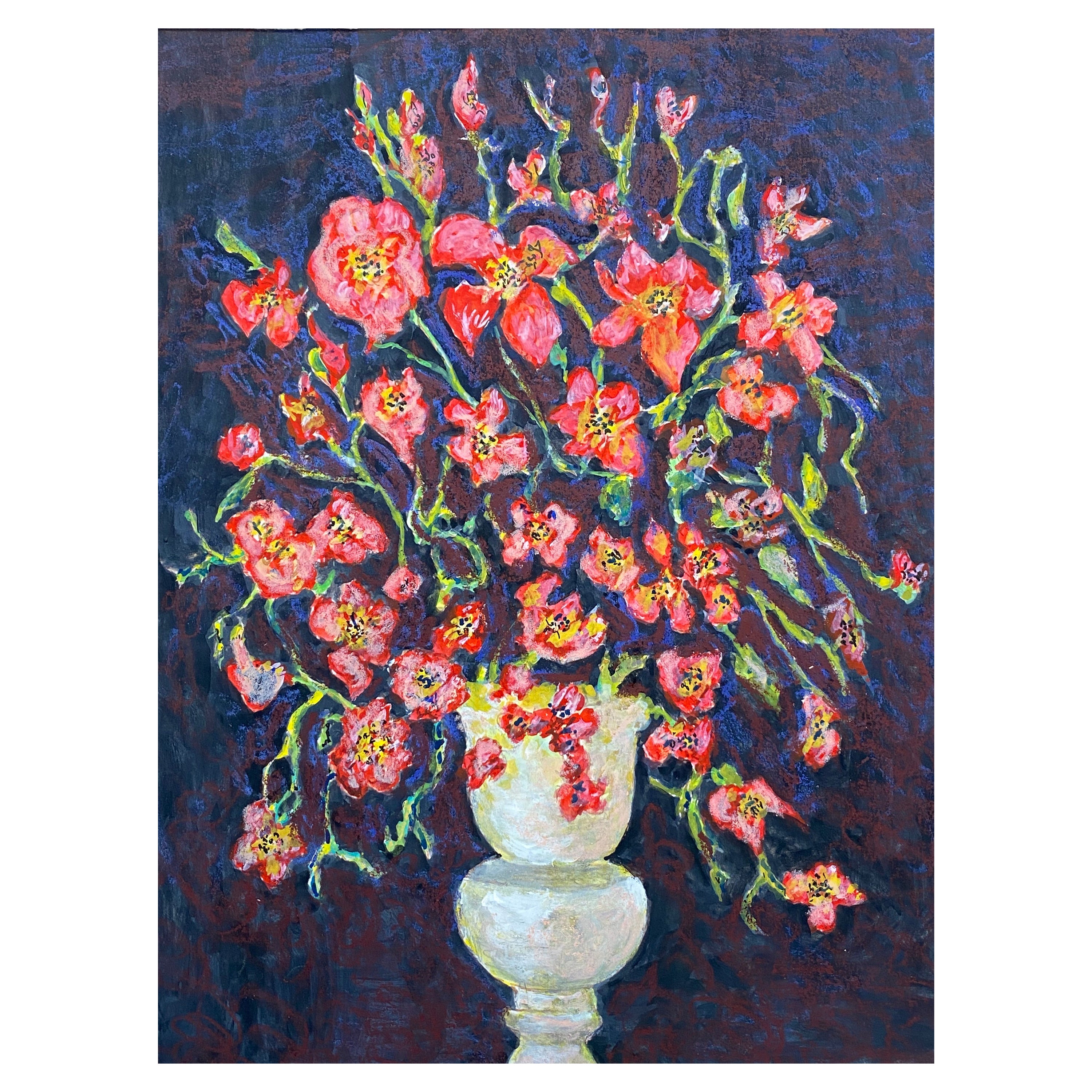 Peinture moderniste/ cubiste française des années 1950 signée, magnifiques fleurs dans un vase