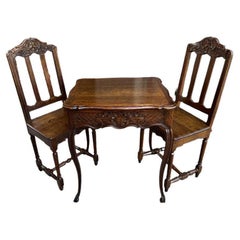 Antique Set 19th Century French Louis XV Pastry Game Table w Chair Carved Oak Bistro