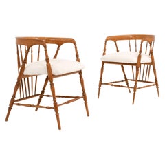 Antique Pair of Early 20th Century Spindle Back Chairs in Bouclé