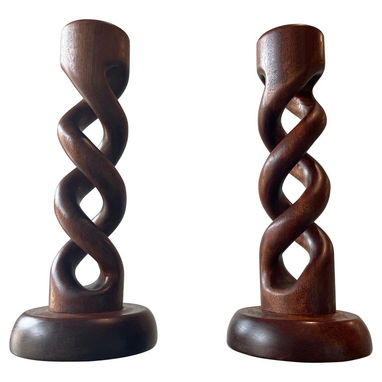 Extra Large Danish Twisted Teak Candle Holders For Sale at 1stDibs