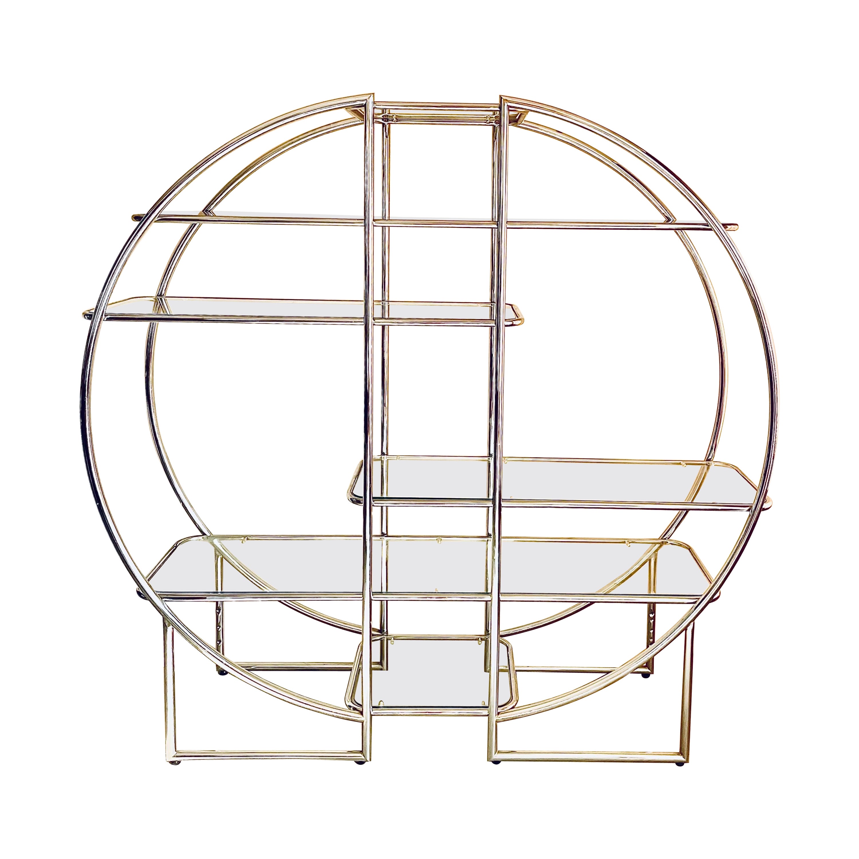 Milo Baughman Style Circular Chromed Metal and Glass Vitrine and Room Divider For Sale