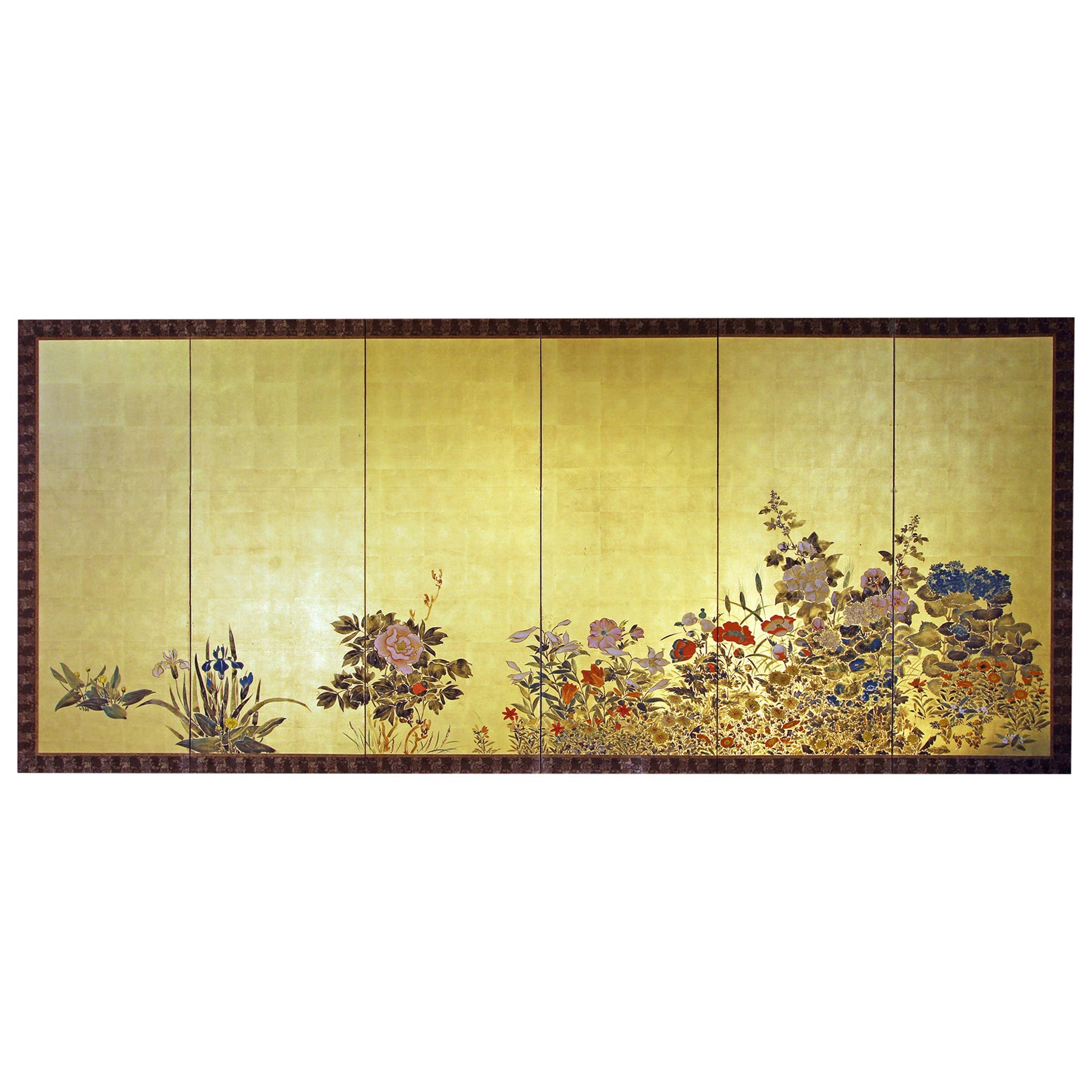 Landscape with Flowers, Japanese Folding Screen For Sale