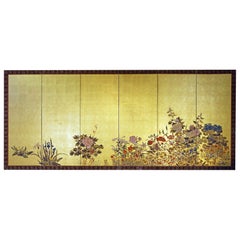 Used Landscape with Flowers, Japanese Folding Screen
