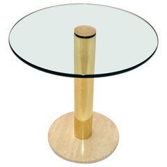 Pace Italy Round Brass, Travertine Marble Base & Glass Top Side, Drink Table 70 