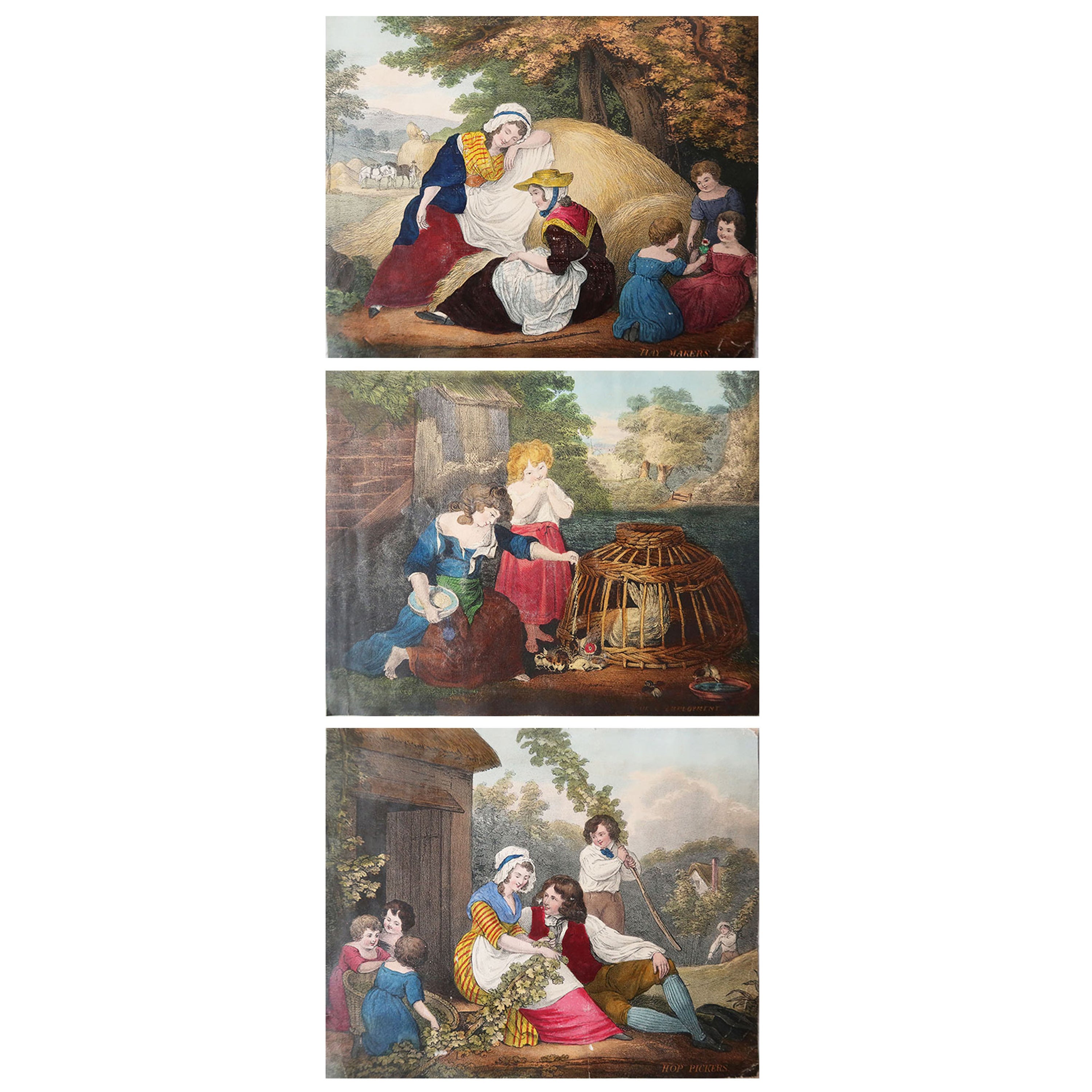 Set von 3 antiken Drucken von Kindern / rustikalen Szenen, englisch, um 1850 im Angebot