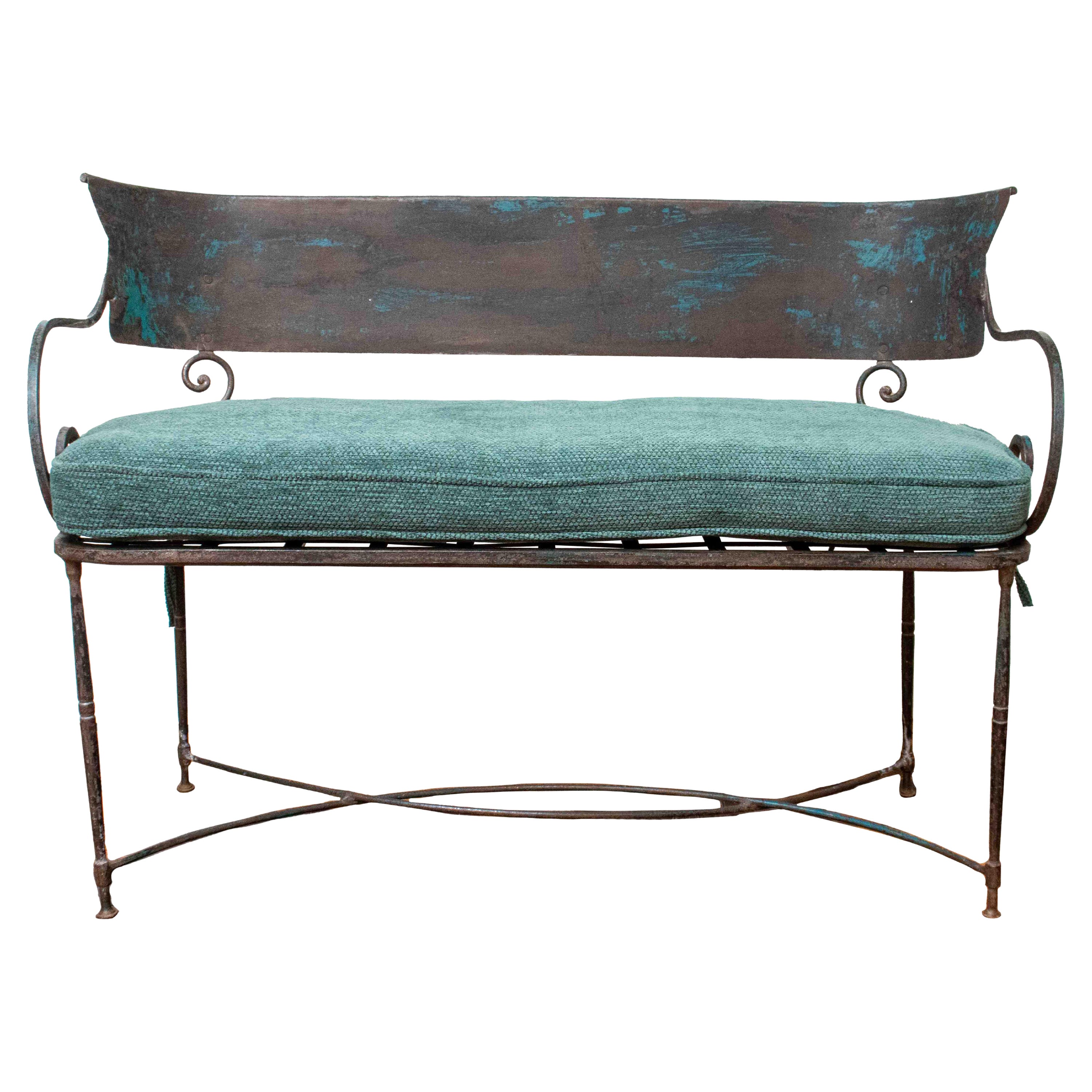 Early 20th Century Hand Wrought Iron French Garden Settee with Chenille Cushion